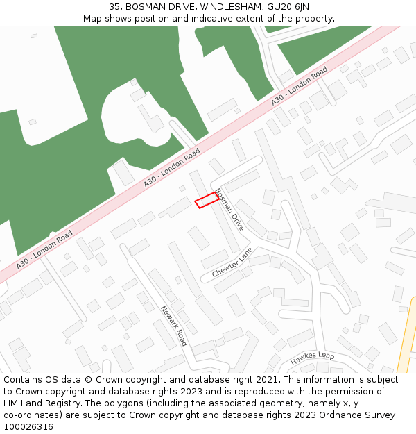 35, BOSMAN DRIVE, WINDLESHAM, GU20 6JN: Location map and indicative extent of plot