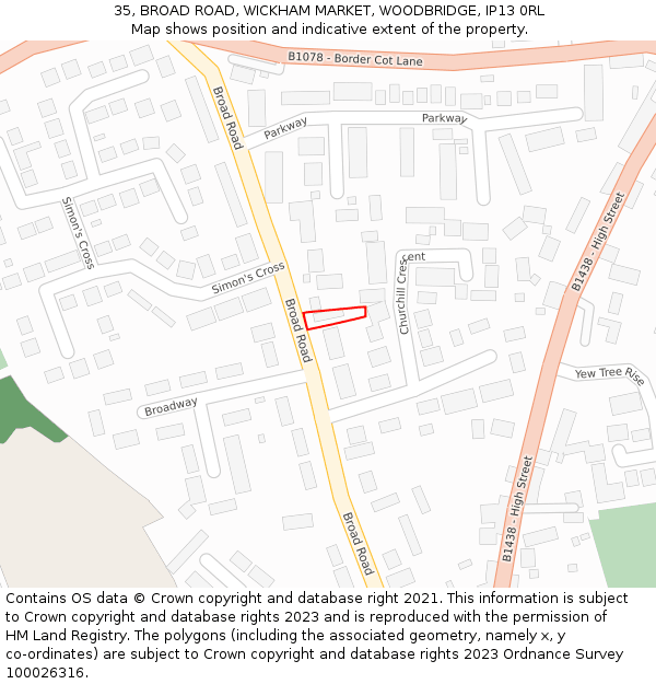 35, BROAD ROAD, WICKHAM MARKET, WOODBRIDGE, IP13 0RL: Location map and indicative extent of plot