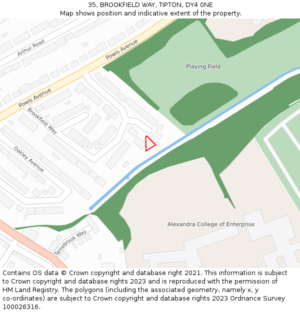 35, BROOKFIELD WAY, TIPTON, DY4 0NE: Location map and indicative extent of plot