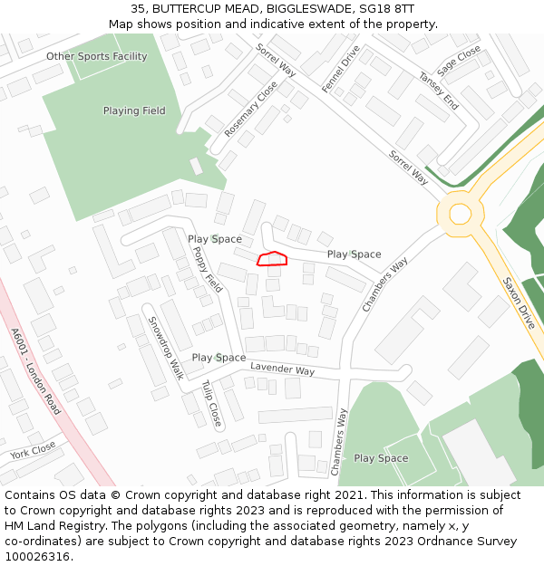 35, BUTTERCUP MEAD, BIGGLESWADE, SG18 8TT: Location map and indicative extent of plot