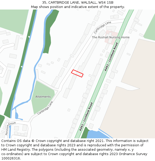 35, CARTBRIDGE LANE, WALSALL, WS4 1SB: Location map and indicative extent of plot