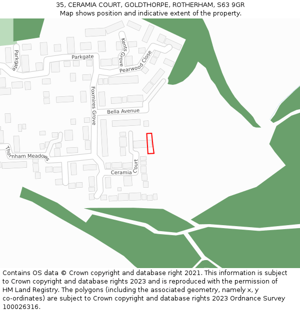 35, CERAMIA COURT, GOLDTHORPE, ROTHERHAM, S63 9GR: Location map and indicative extent of plot