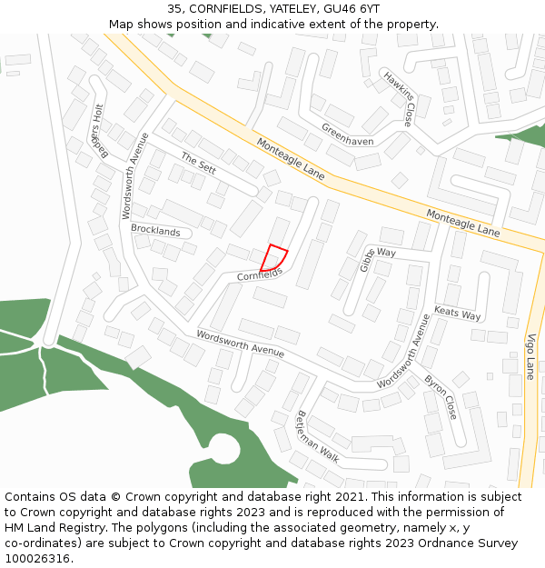 35, CORNFIELDS, YATELEY, GU46 6YT: Location map and indicative extent of plot