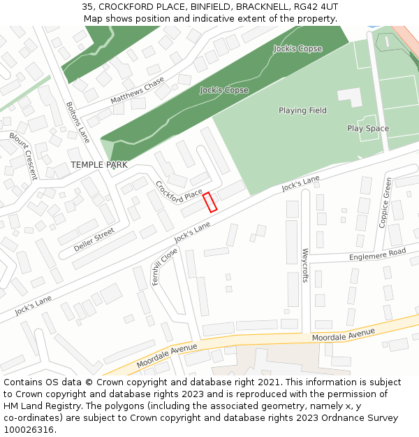 35, CROCKFORD PLACE, BINFIELD, BRACKNELL, RG42 4UT: Location map and indicative extent of plot