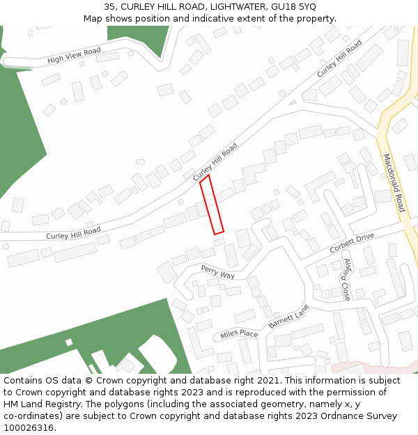 35, CURLEY HILL ROAD, LIGHTWATER, GU18 5YQ: Location map and indicative extent of plot