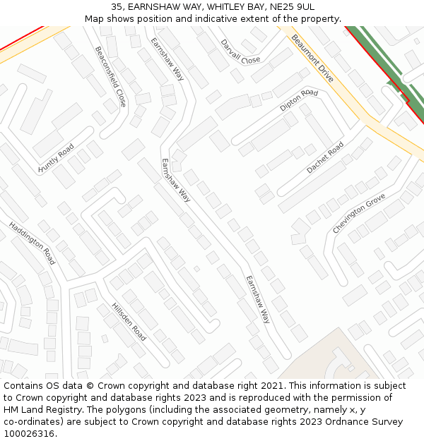 35, EARNSHAW WAY, WHITLEY BAY, NE25 9UL: Location map and indicative extent of plot