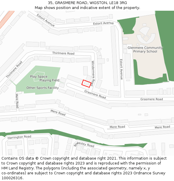 35, GRASMERE ROAD, WIGSTON, LE18 3RG: Location map and indicative extent of plot