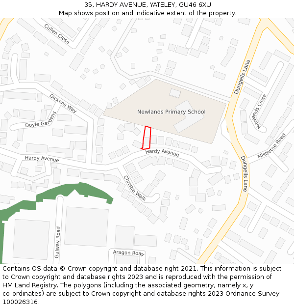 35, HARDY AVENUE, YATELEY, GU46 6XU: Location map and indicative extent of plot