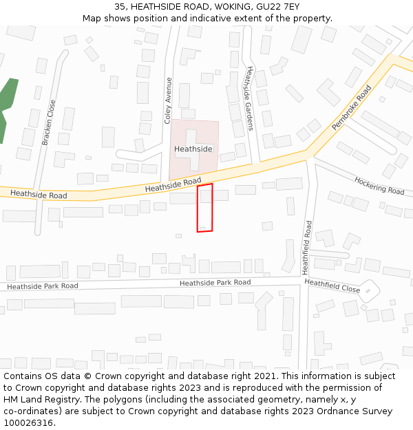 35, HEATHSIDE ROAD, WOKING, GU22 7EY: Location map and indicative extent of plot