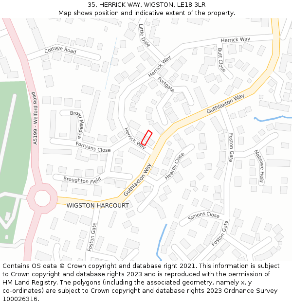 35, HERRICK WAY, WIGSTON, LE18 3LR: Location map and indicative extent of plot