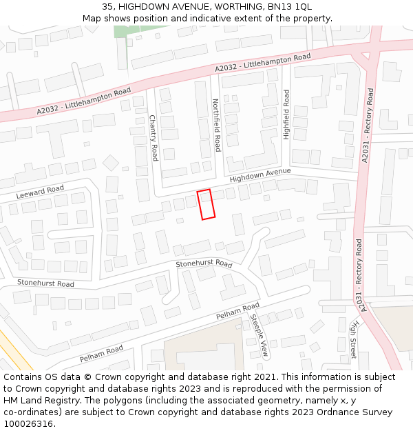 35, HIGHDOWN AVENUE, WORTHING, BN13 1QL: Location map and indicative extent of plot
