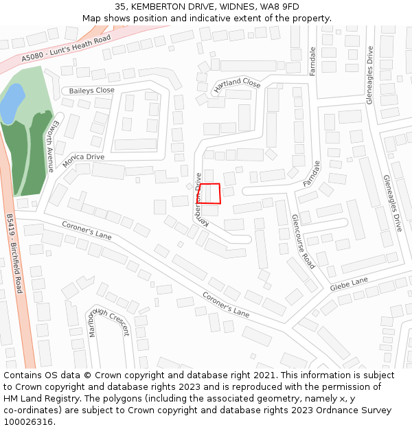 35, KEMBERTON DRIVE, WIDNES, WA8 9FD: Location map and indicative extent of plot