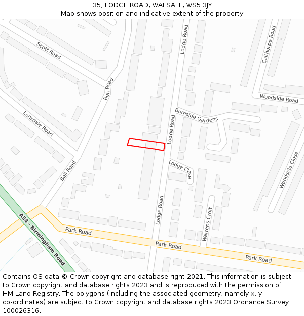 35, LODGE ROAD, WALSALL, WS5 3JY: Location map and indicative extent of plot