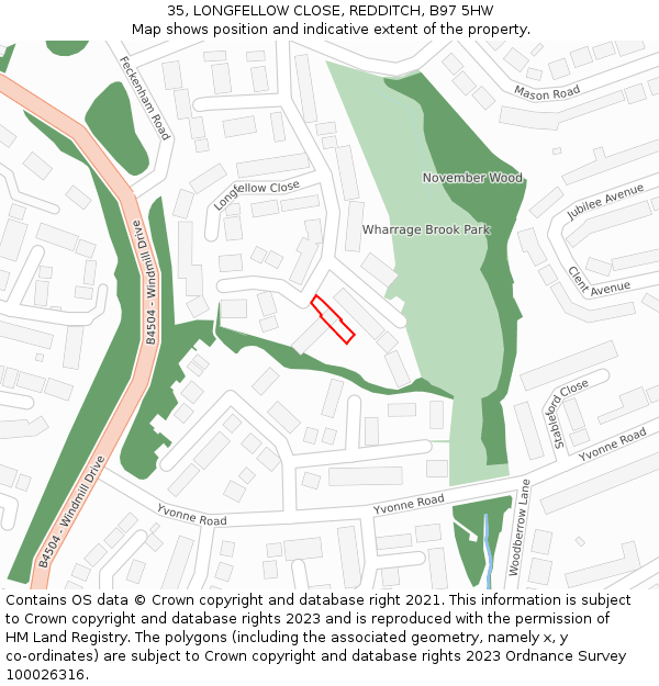 35, LONGFELLOW CLOSE, REDDITCH, B97 5HW: Location map and indicative extent of plot