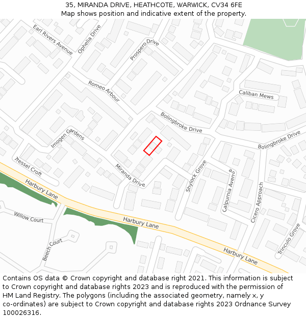 35, MIRANDA DRIVE, HEATHCOTE, WARWICK, CV34 6FE: Location map and indicative extent of plot