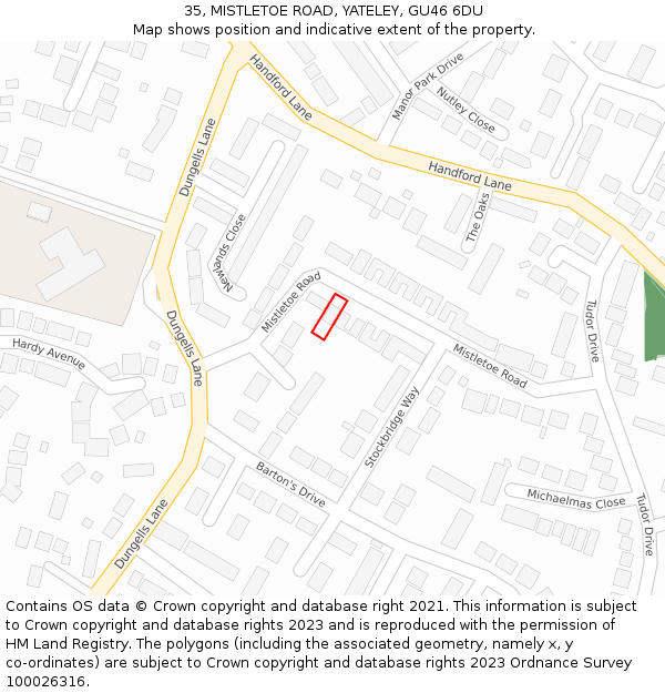 35, MISTLETOE ROAD, YATELEY, GU46 6DU: Location map and indicative extent of plot