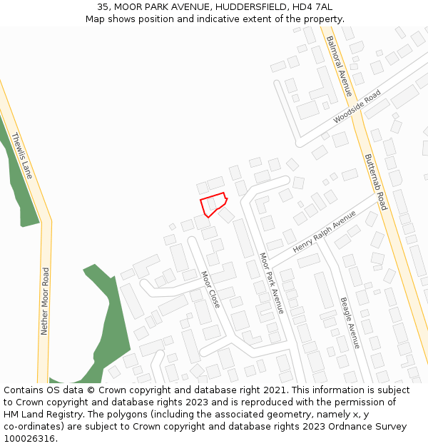 35, MOOR PARK AVENUE, HUDDERSFIELD, HD4 7AL: Location map and indicative extent of plot