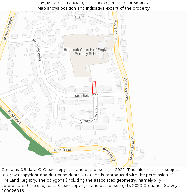 35, MOORFIELD ROAD, HOLBROOK, BELPER, DE56 0UA: Location map and indicative extent of plot