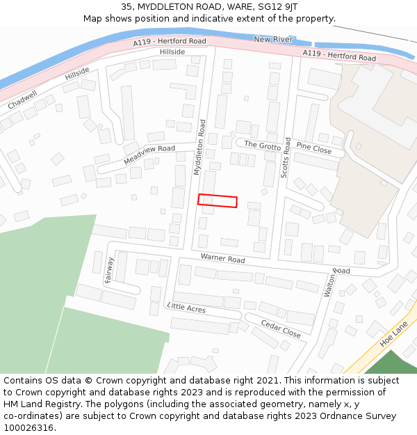 35, MYDDLETON ROAD, WARE, SG12 9JT: Location map and indicative extent of plot