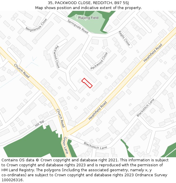 35, PACKWOOD CLOSE, REDDITCH, B97 5SJ: Location map and indicative extent of plot