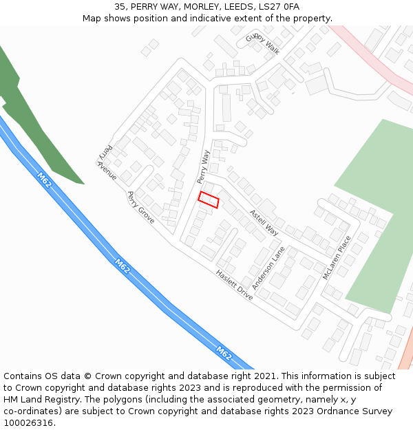 35, PERRY WAY, MORLEY, LEEDS, LS27 0FA: Location map and indicative extent of plot