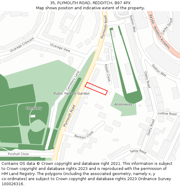 35, PLYMOUTH ROAD, REDDITCH, B97 4PX: Location map and indicative extent of plot