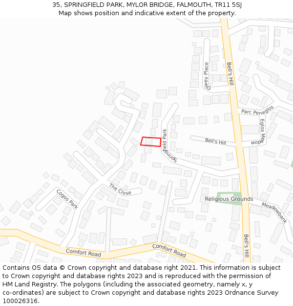 35, SPRINGFIELD PARK, MYLOR BRIDGE, FALMOUTH, TR11 5SJ: Location map and indicative extent of plot