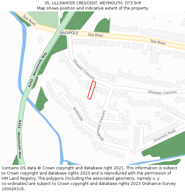 35, ULLSWATER CRESCENT, WEYMOUTH, DT3 5HF: Location map and indicative extent of plot