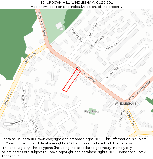 35, UPDOWN HILL, WINDLESHAM, GU20 6DL: Location map and indicative extent of plot