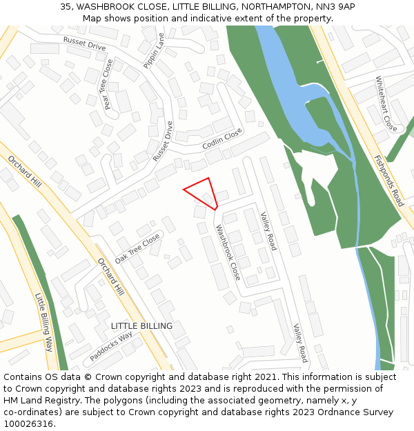 35, WASHBROOK CLOSE, LITTLE BILLING, NORTHAMPTON, NN3 9AP: Location map and indicative extent of plot