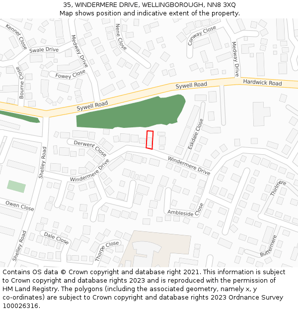 35, WINDERMERE DRIVE, WELLINGBOROUGH, NN8 3XQ: Location map and indicative extent of plot