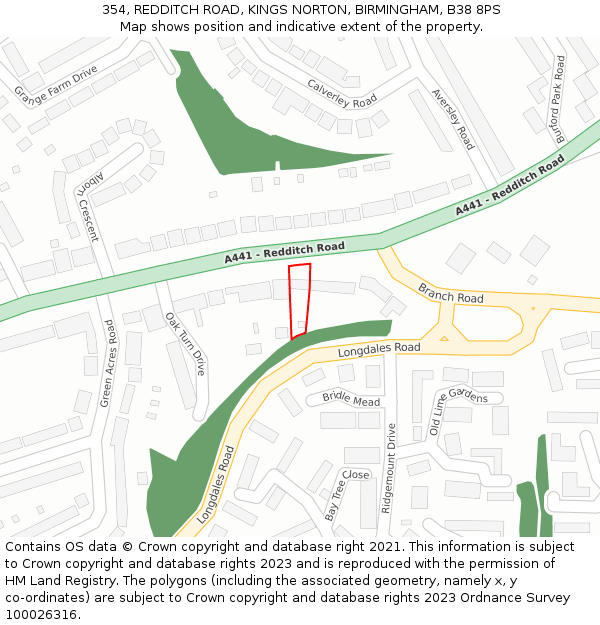 354, REDDITCH ROAD, KINGS NORTON, BIRMINGHAM, B38 8PS: Location map and indicative extent of plot