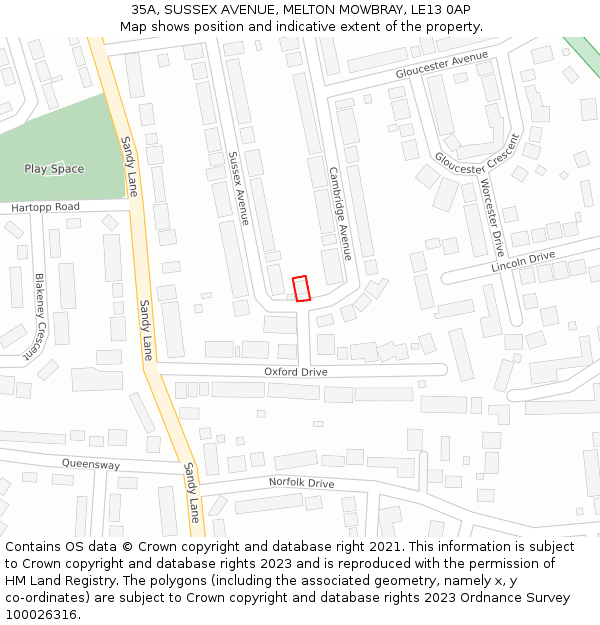 35A, SUSSEX AVENUE, MELTON MOWBRAY, LE13 0AP: Location map and indicative extent of plot