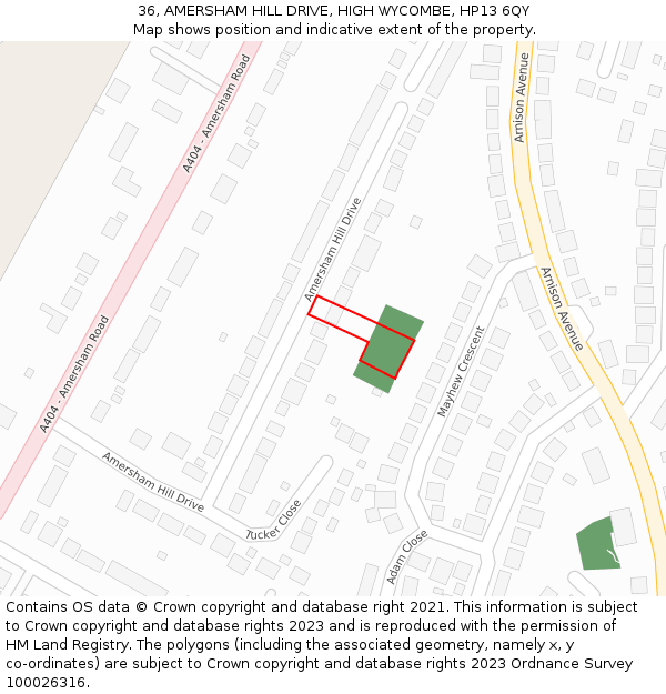 36, AMERSHAM HILL DRIVE, HIGH WYCOMBE, HP13 6QY: Location map and indicative extent of plot