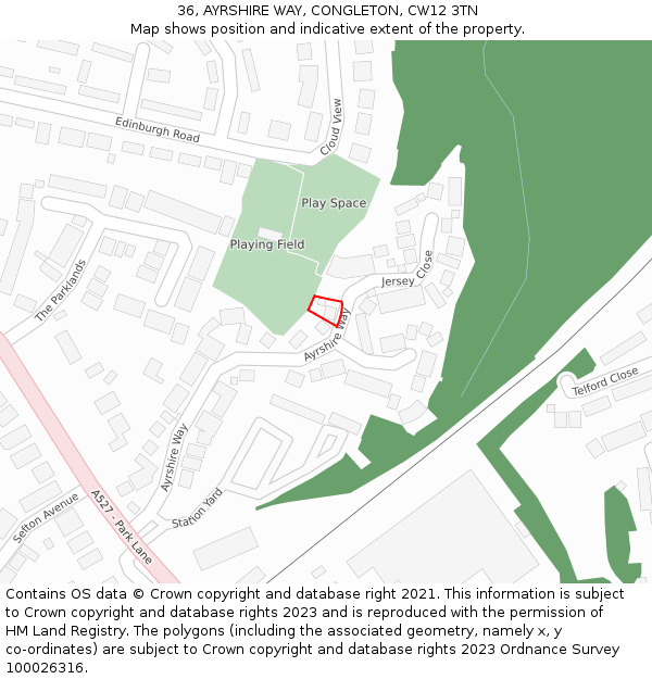 36, AYRSHIRE WAY, CONGLETON, CW12 3TN: Location map and indicative extent of plot