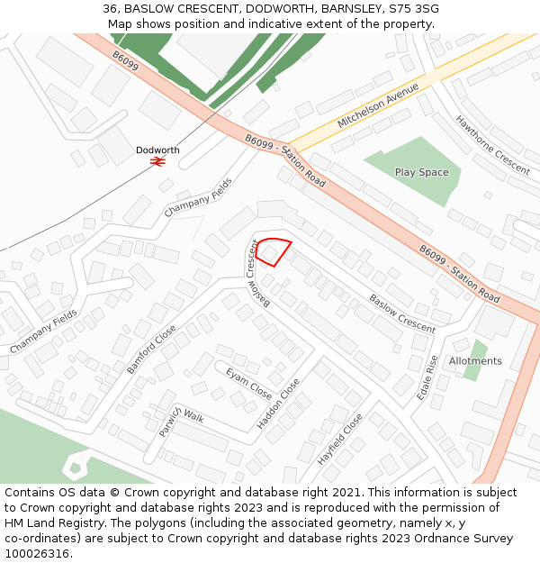 36, BASLOW CRESCENT, DODWORTH, BARNSLEY, S75 3SG: Location map and indicative extent of plot