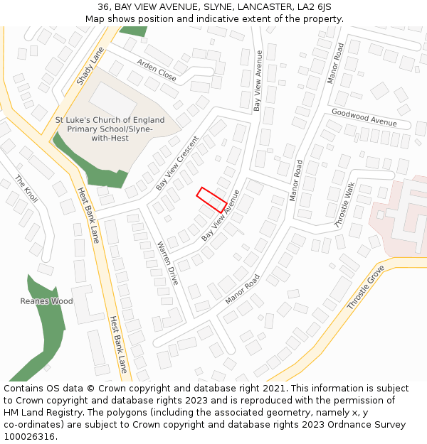 36, BAY VIEW AVENUE, SLYNE, LANCASTER, LA2 6JS: Location map and indicative extent of plot