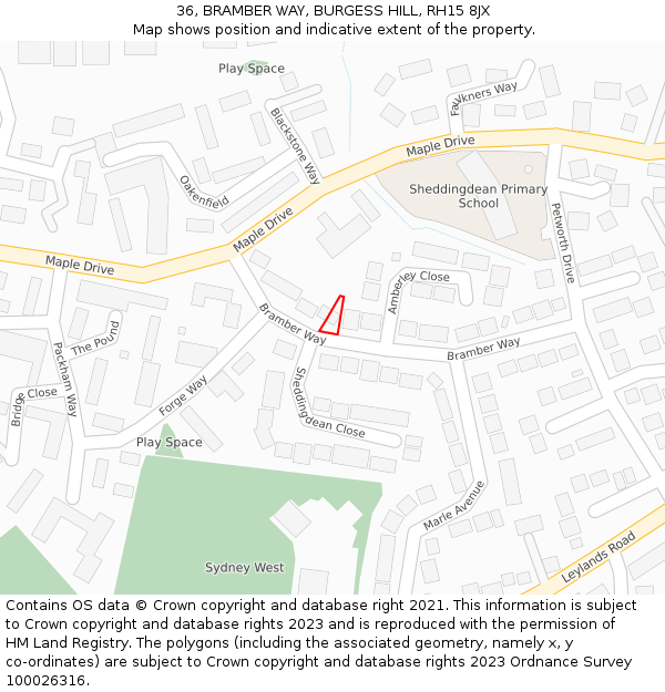 36, BRAMBER WAY, BURGESS HILL, RH15 8JX: Location map and indicative extent of plot