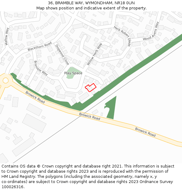 36, BRAMBLE WAY, WYMONDHAM, NR18 0UN: Location map and indicative extent of plot