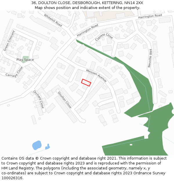 36, DOULTON CLOSE, DESBOROUGH, KETTERING, NN14 2XX: Location map and indicative extent of plot