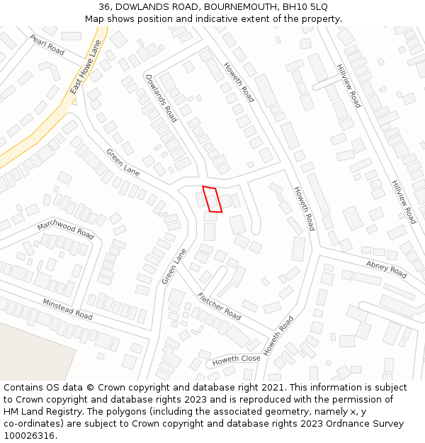 36, DOWLANDS ROAD, BOURNEMOUTH, BH10 5LQ: Location map and indicative extent of plot