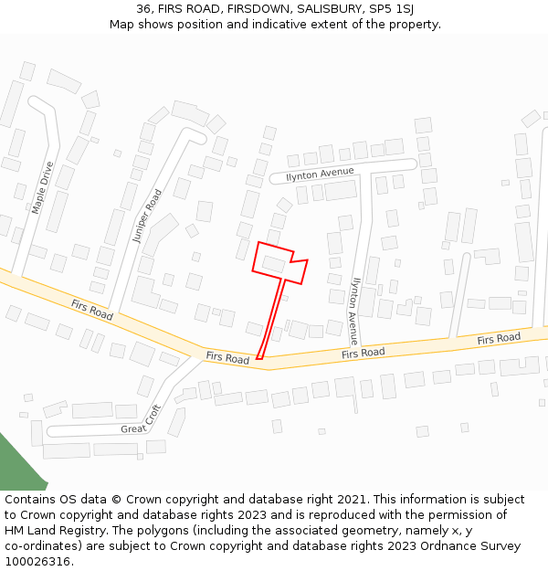 36, FIRS ROAD, FIRSDOWN, SALISBURY, SP5 1SJ: Location map and indicative extent of plot