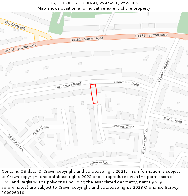 36, GLOUCESTER ROAD, WALSALL, WS5 3PN: Location map and indicative extent of plot
