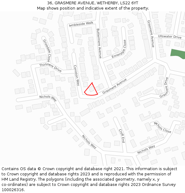 36, GRASMERE AVENUE, WETHERBY, LS22 6YT: Location map and indicative extent of plot