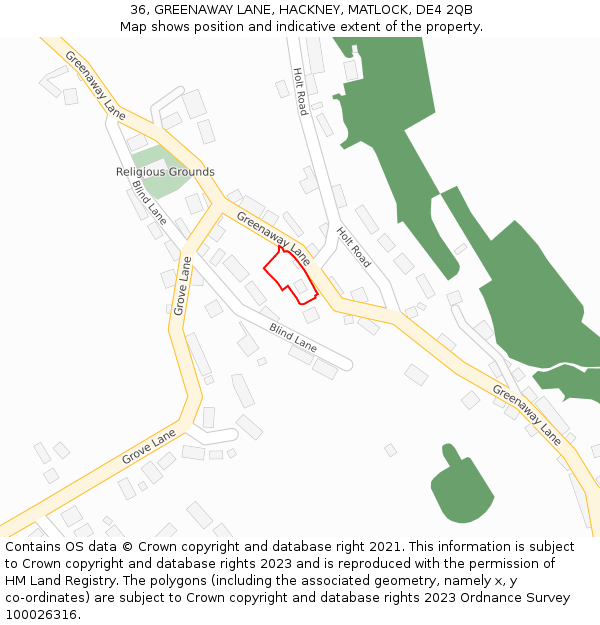 36, GREENAWAY LANE, HACKNEY, MATLOCK, DE4 2QB: Location map and indicative extent of plot