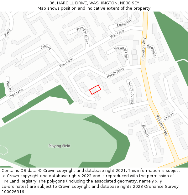 36, HARGILL DRIVE, WASHINGTON, NE38 9EY: Location map and indicative extent of plot