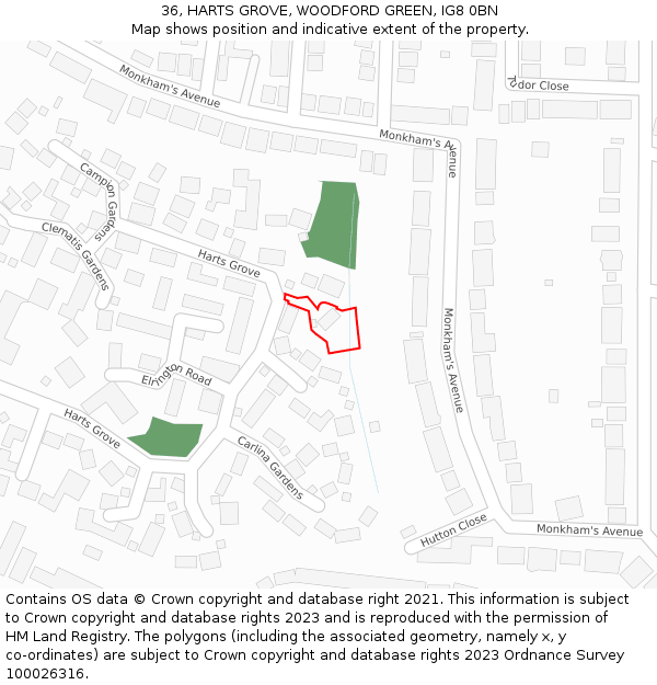 36, HARTS GROVE, WOODFORD GREEN, IG8 0BN: Location map and indicative extent of plot