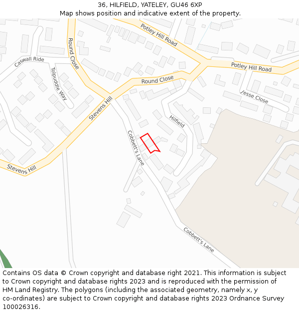 36, HILFIELD, YATELEY, GU46 6XP: Location map and indicative extent of plot