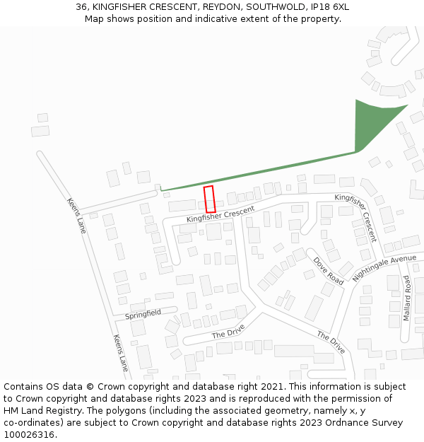 36, KINGFISHER CRESCENT, REYDON, SOUTHWOLD, IP18 6XL: Location map and indicative extent of plot