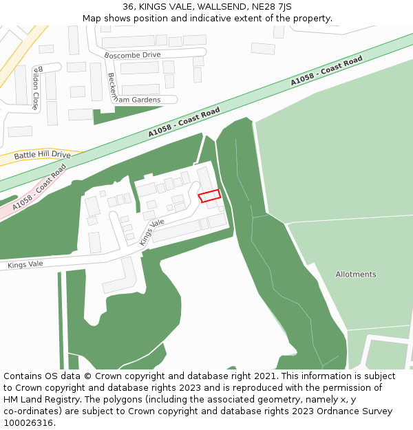 36, KINGS VALE, WALLSEND, NE28 7JS: Location map and indicative extent of plot